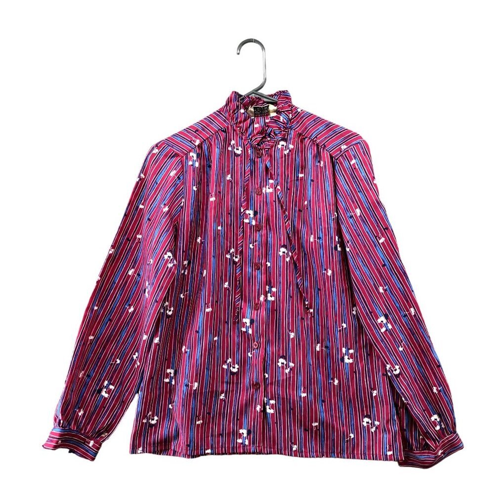 VTG Judy Bond Long‎ Sleeve Blouse Womens L (12) Floral Ruffle High Neck Purple
